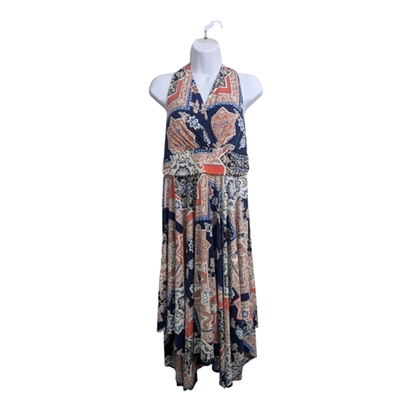 Soma Blue Tan Damask Tile Print Halter Babydoll Midi Dress Handkerchief Hem XL - Picture 1 of 8